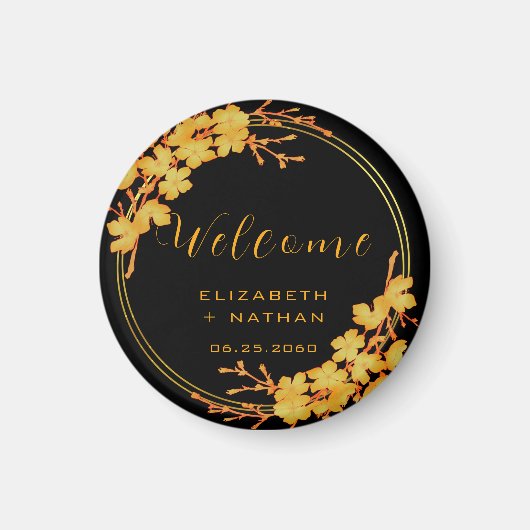 Welkom op Classy Black & Gold Floral Wedding Magneet (Voorkant)