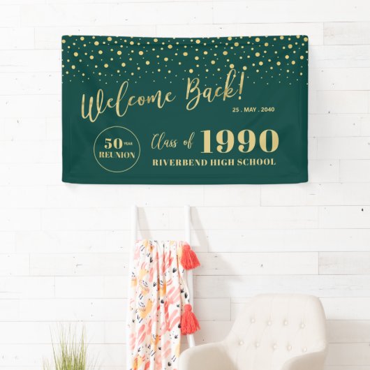 Welkom op Gold & Green Confetti Class Reunion Part Spandoek (Insitu)