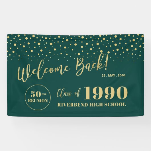 Welkom op Gold & Green Confetti Class Reunion Part Spandoek (Horizontaal)
