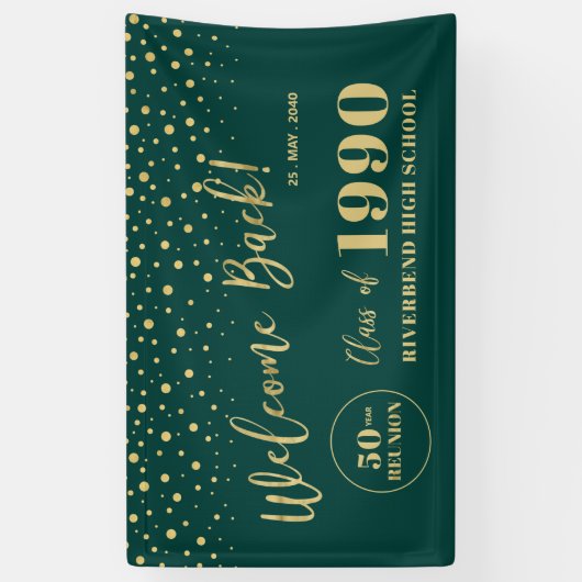 Welkom op Gold & Green Confetti Class Reunion Part Spandoek (Verticaal)