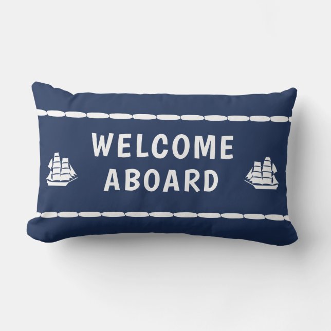 Welkom op het bord witte boats Blue Lumbar Pillow Buitenkussen (Voorkant)