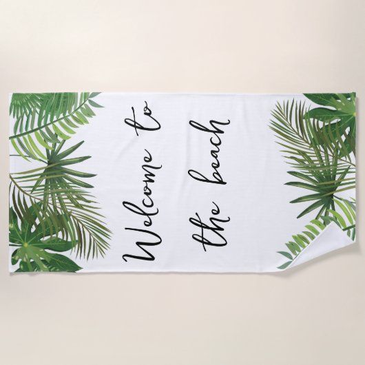Welkom op het strand Tropisch blad groen script Strandlaken (Voorkant)