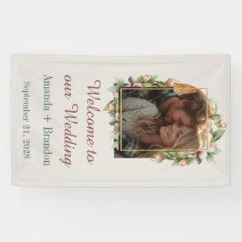 Welkom op onze bruiloft Boho Bloemenboog Foto Spandoek