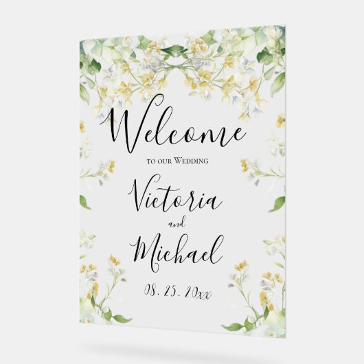 Welkom op onze bruiloft Neutraal Bloemen Elegant Acryl Bord (Hoek)