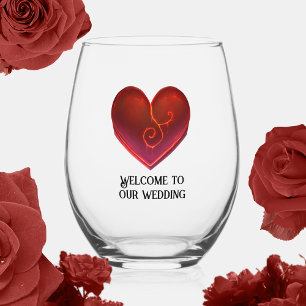 Welkom op onze bruiloft wijnglas met rood hart zonder voet