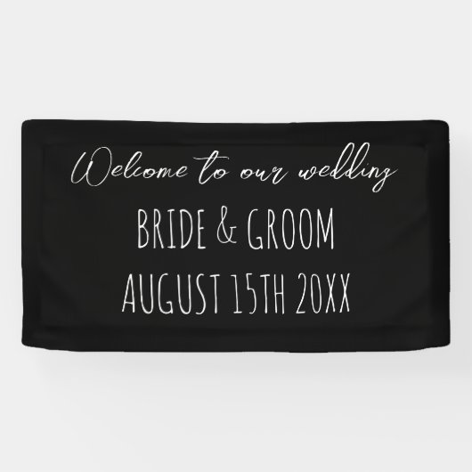Welkom op onze bruiloft zwart-wit handschrift spandoek (Horizontaal)