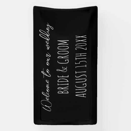 Welkom op onze bruiloft zwart-wit handschrift spandoek (Verticaal)