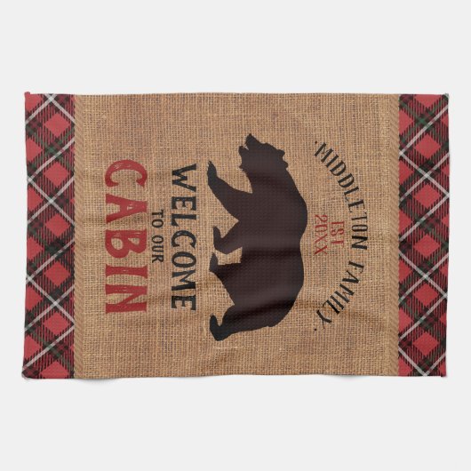 Welkom op onze Cabin in a Burlap and Pset Theedoek (Horizontaal)