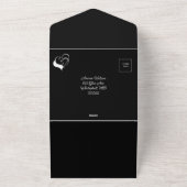 Welkom op onze liefdesverhaal zwart-wit bruiloft all in one uitnodiging (Buitenkant)