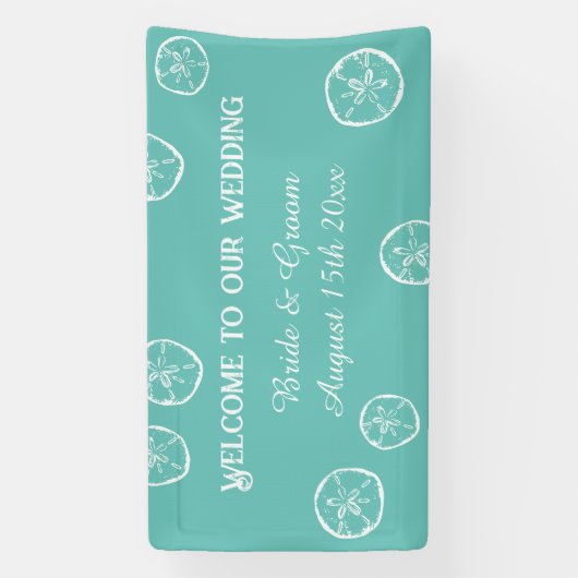 Welkom op onze zanddollar strand bruiloft banner (Verticaal)