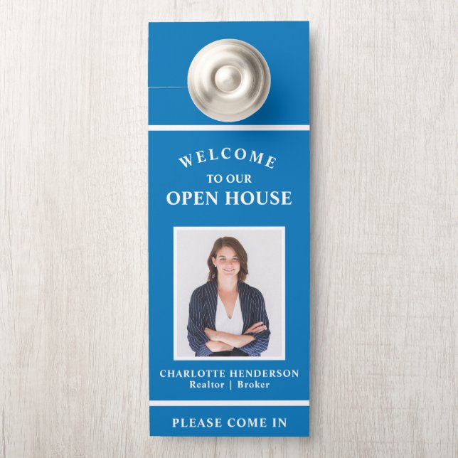 Welkom Open House Real Estate Agent Photo Blue (Op knop)