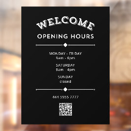 Welkom Openingstijden met QR Code Wit op Zwart Raamsticker