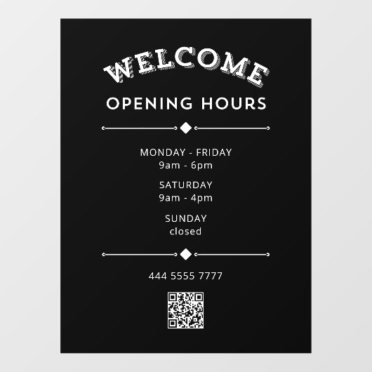 Welkom Openingstijden met QR Code Wit op Zwart Raamsticker (Vel)