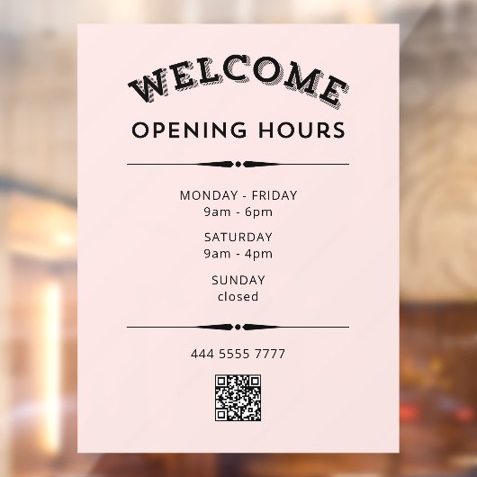 Welkom Openingstijden met QR Code Zwart op Roze Raamsticker (Vel 2)