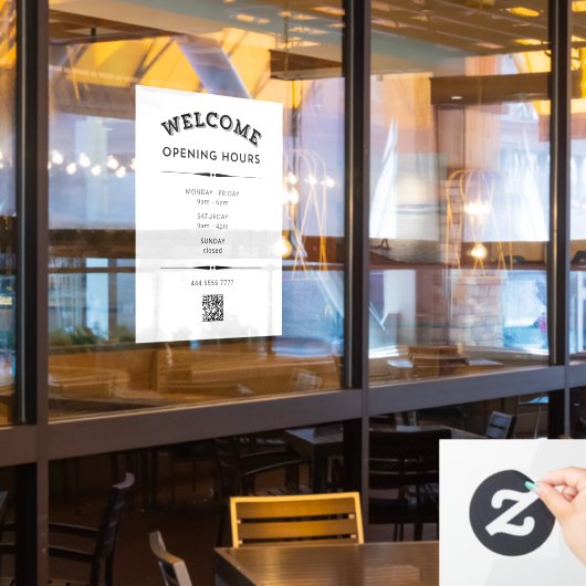 Welkom Openingstijden met QR Code Zwart op Wit Raamsticker (Restaurant Raam)
