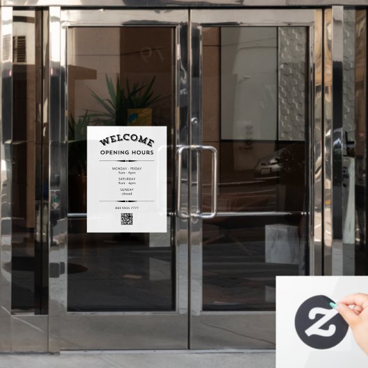 Welkom Openingstijden met QR Code Zwart op Wit Raamsticker (Kantoordeur)