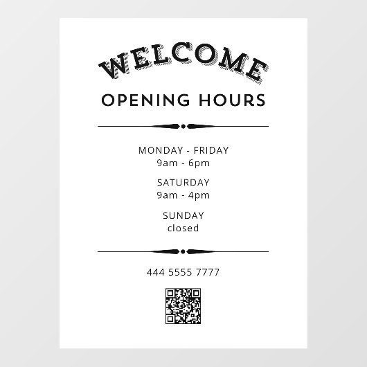 Welkom Openingstijden met QR Code Zwart op Wit Raamsticker (Vel)