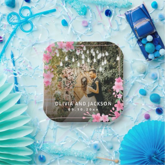 Welkom Party Roze Bloemen Gouden Lijst bruiloft Papieren Bordje (Feest)