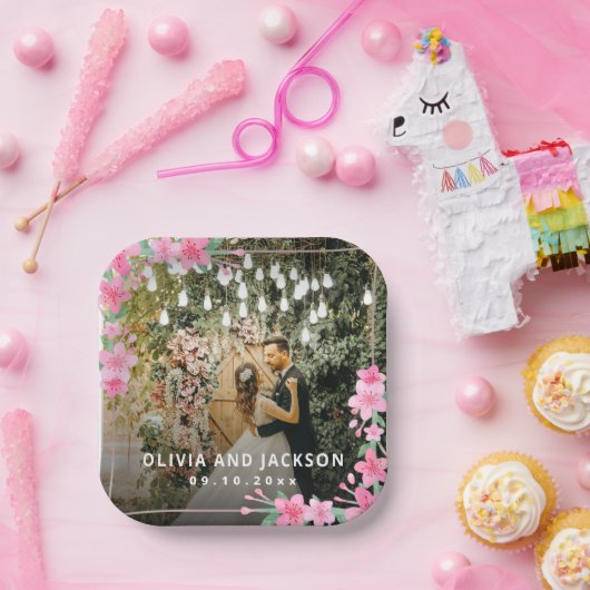 Welkom Party Roze Bloemen Gouden Lijst bruiloft Papieren Bordje (Feest)