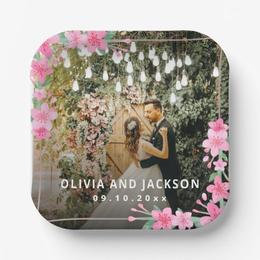 Welkom Party Roze Bloemen Gouden Lijst bruiloft Papieren Bordje (Voorkant)