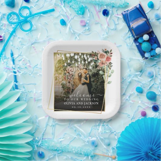 Welkom Party Roze Bloemen Gouden Lijst bruiloft Papieren Bordje (Feest)