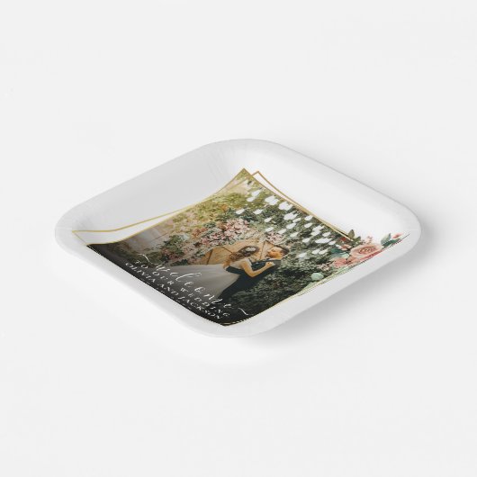 Welkom Party Roze Bloemen Gouden Lijst bruiloft Papieren Bordje (Gebogen)