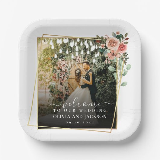 Welkom Party Roze Bloemen Gouden Lijst bruiloft Papieren Bordje (Voorkant)