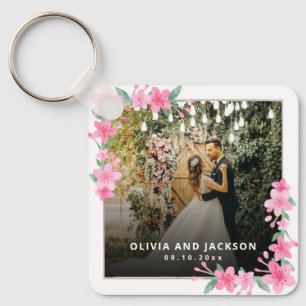 Welkom Party Roze Bloemen Gouden Lijst bruiloft Sleutelhanger