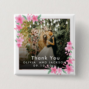 Welkom Party Roze Bloemen Gouden Lijst bruiloft Vierkante Button 5,1 Cm