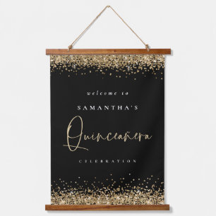 Welkom Quinceanera Gold Glitter Name Black Hangend Wandkleed