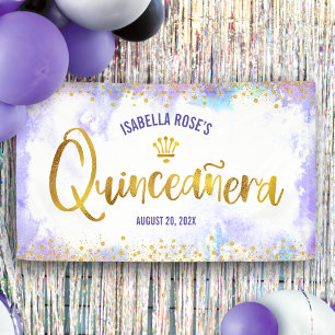 Welkom Quinceañera Paarse Waterverf Gold Script Spandoek