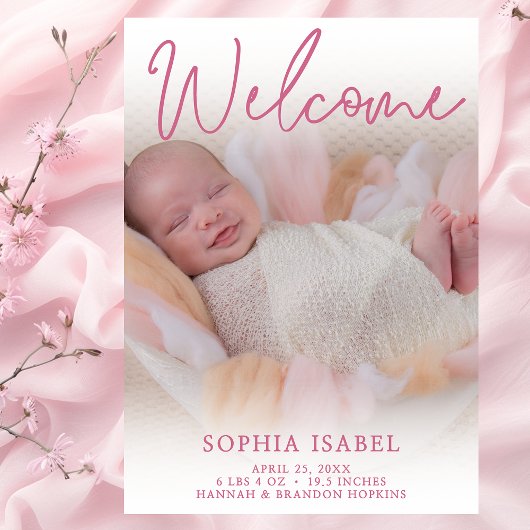 Welkom Roze Foto Geboorteaankondiging Kaart