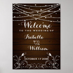 Welkom   Rustic String Lights Hearts Wedding Poster