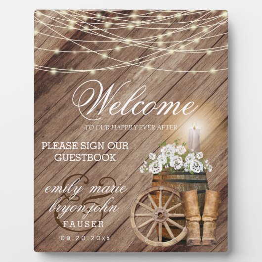 Welkom - Rustieke houten vat & String Lights Fotoplaat (Voorkant)