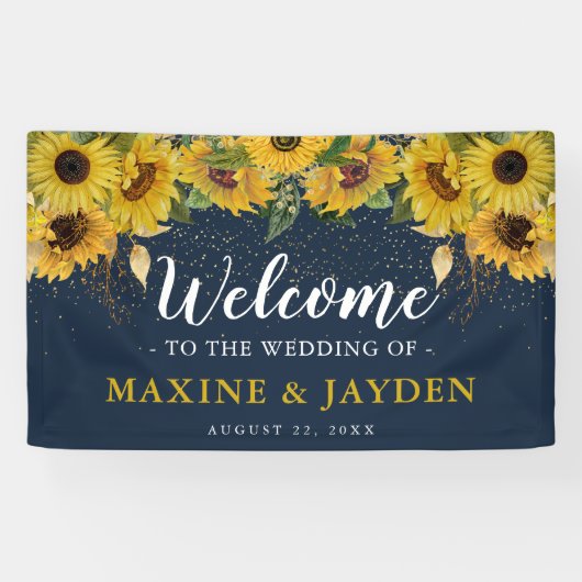 Welkom Rustieke Zonnebloem, Marine & Gouden Huweli Spandoek (Horizontaal)