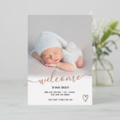 Welkom script baby roos goud folie uitnodiging (Staand Voorkant)