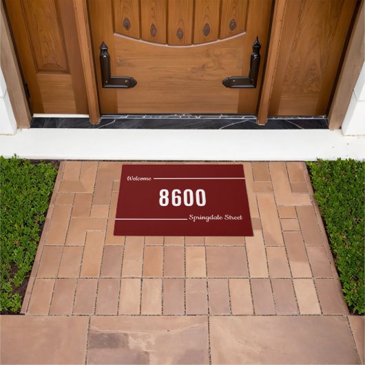 Welkom Script Donker Rood en Wit Straat Adres Deurmat (Buiten)