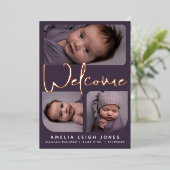 Welkom Script Folie Foto Geboorteaankondiging Uitnodiging (Staand Voorkant)