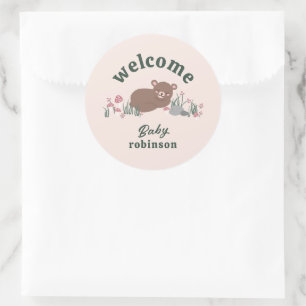 Welkom Sweet Woodland Baby Beer Roze Rond Ronde Sticker