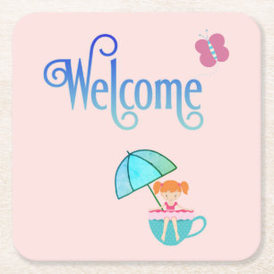 Welkom Teacup Girl Butterfly Vierkante Kartonnen Onderzetter