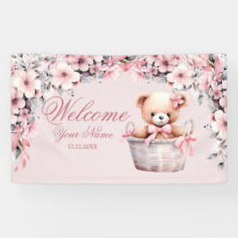 Welkom Teddy Bear Baby Meisje Roze Bloemen Party Spandoek