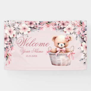 Welkom Teddy Bear Baby Meisje Roze Bloemen Party Spandoek