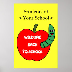 Welkom terug naar school rode appel en groene worm poster