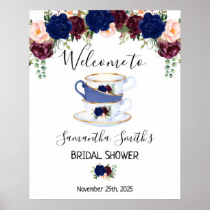 Welkom Thee bruidsfeest navy marsala bloemen bord Poster