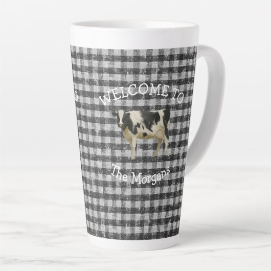 Welkom thuis Zwarte en Witte Cow Check Name Latte Mok (Rechterhoek)