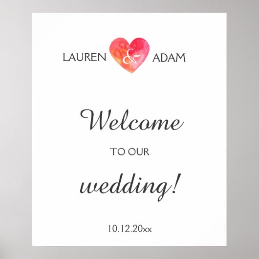 Welkom trouwbord watercolo hart, aangepaste namen poster (Voorkant)