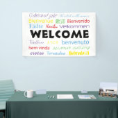 Welkom veel talen kleurrijke typografie wit spandoek (Beurs)
