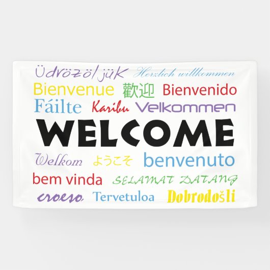 Welkom veel talen kleurrijke typografie wit spandoek (Horizontaal)