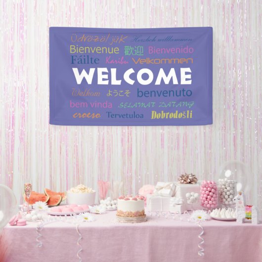 Welkom veel talen Typografie Periwinkle Blue Spandoek (Feest)