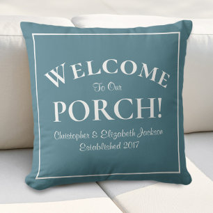 Welkom Veranda Aangepaste Familie Turquoise & Wit  Buitenkussen